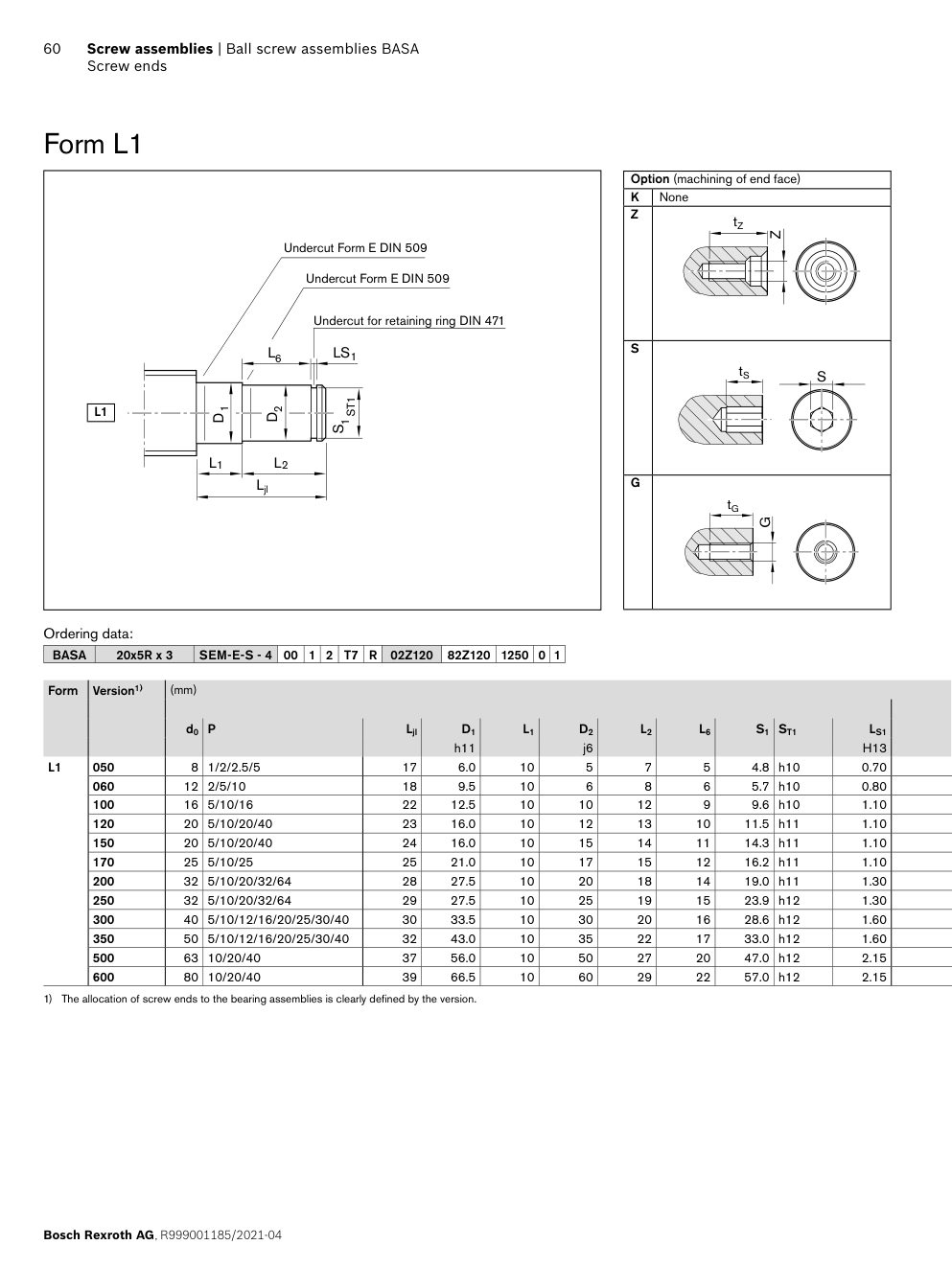 Винты шарико-винтовых передач Bosch Rexroth и формы концов винтов: Чертёж и размеры, стр. 60 каталога
