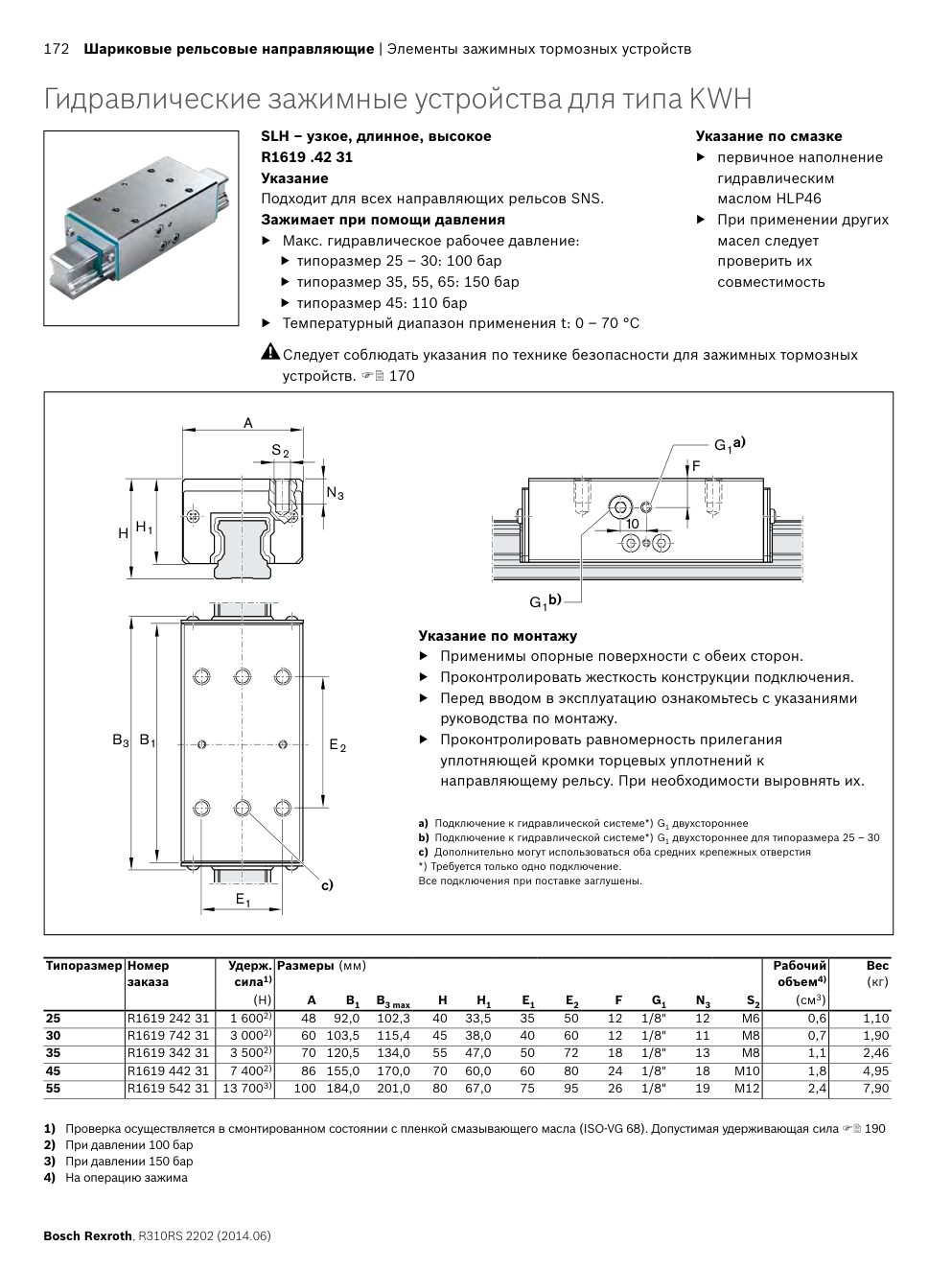 Зажимные и тормозные элементы Bosch Rexroth для шариковых направляющих: Чертёж и размеры, стр. 172 каталога